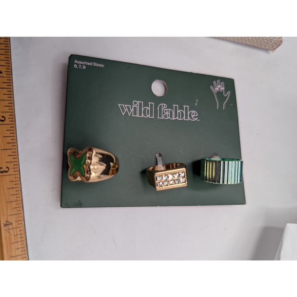 Wild Fable Fashion Rings Set of 3 Gold Tone Green Blue Clear Assorted Sizes 6 7